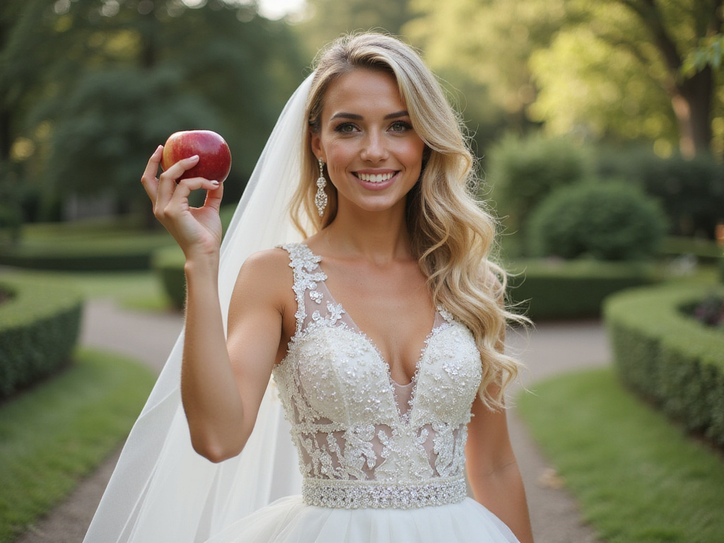 Bride holding apple representing weight loss before marriage